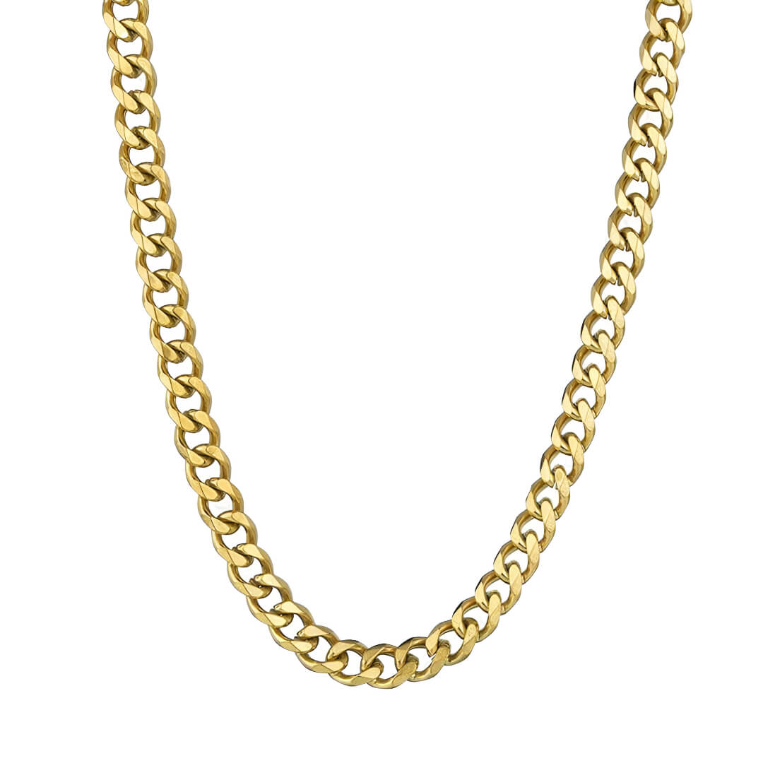 Chaîne maille cubaine en acier inoxydable doré sur fond blanc.