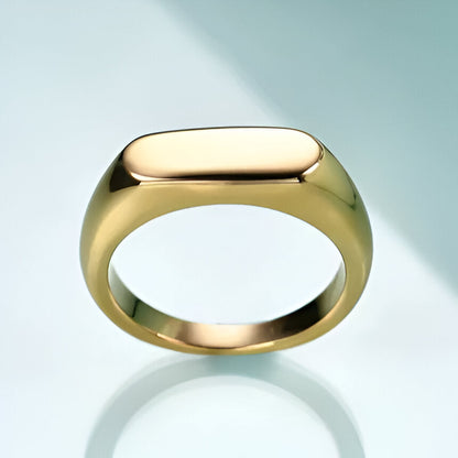 Bague chevalière pavé arrondi en acier plaqué or jaune debout.