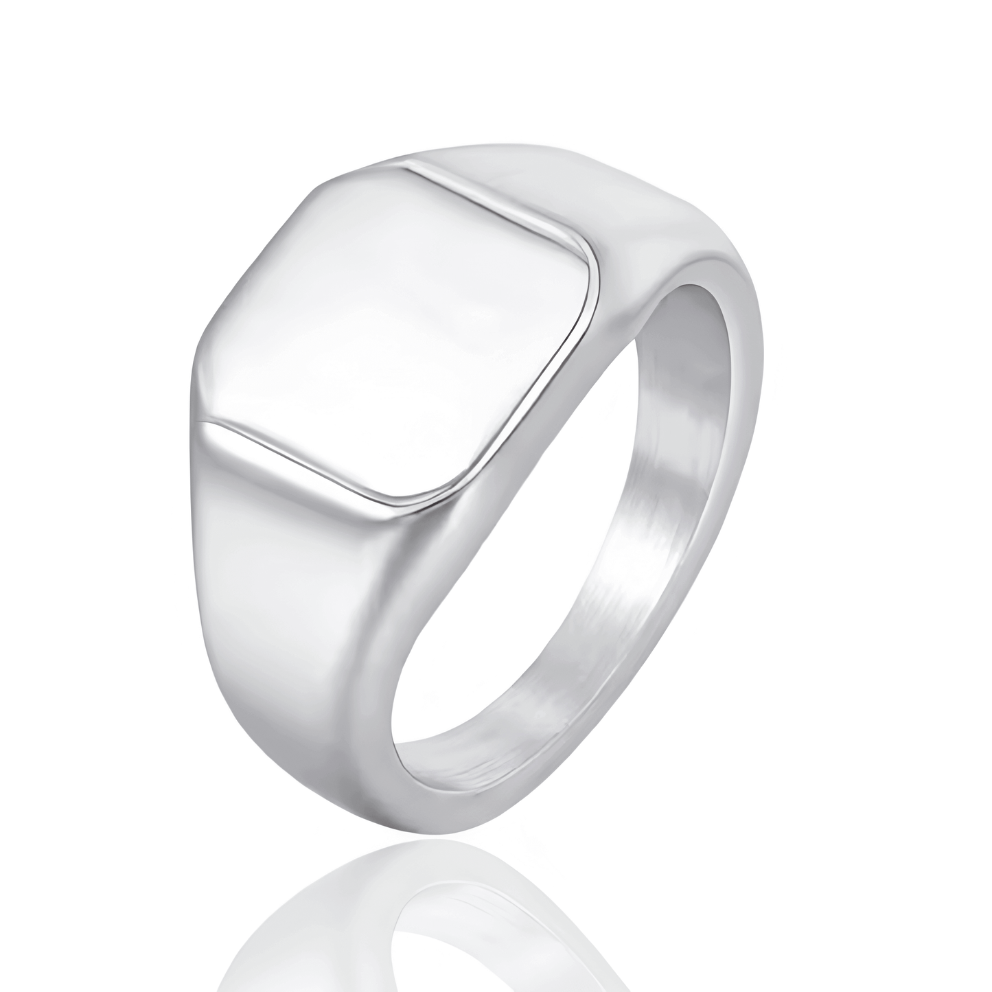 Chevalière pavé cubique poli en acier inoxydable plaqué titane sur fond blanc.