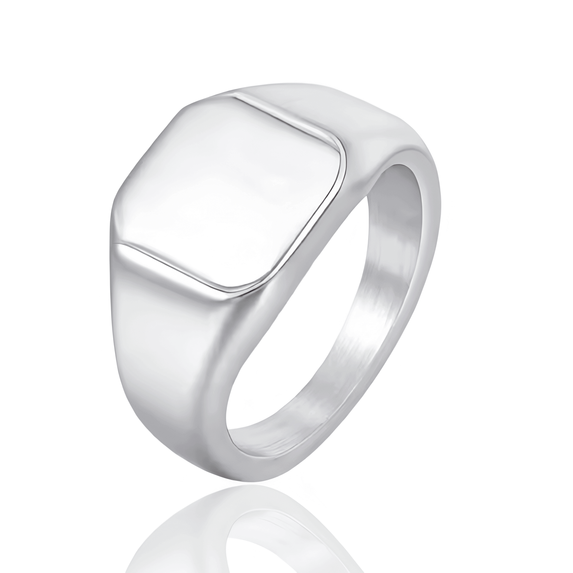 Chevalière pavé cubique poli en acier inoxydable plaqué titane sur fond blanc.