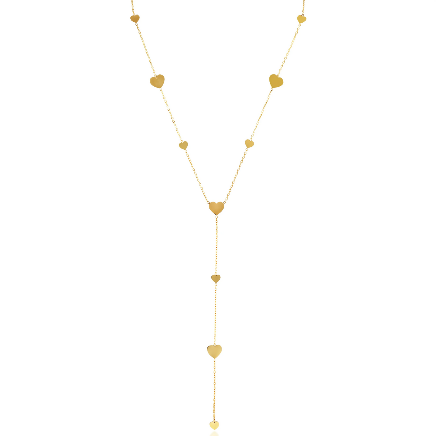 Collier cœur en acier inoxydable doré sur fond blanc.