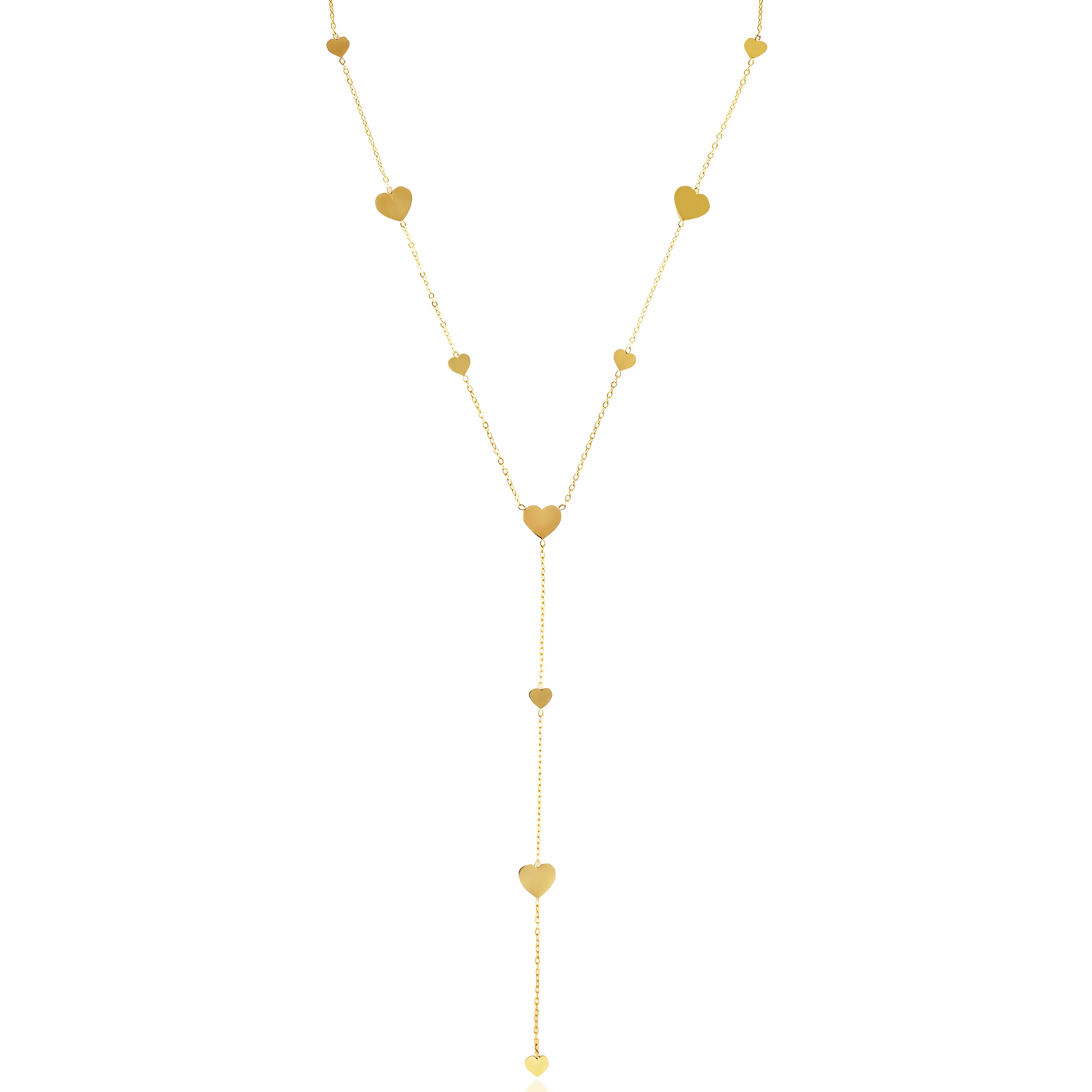 Collier cœur en acier inoxydable doré sur fond blanc.