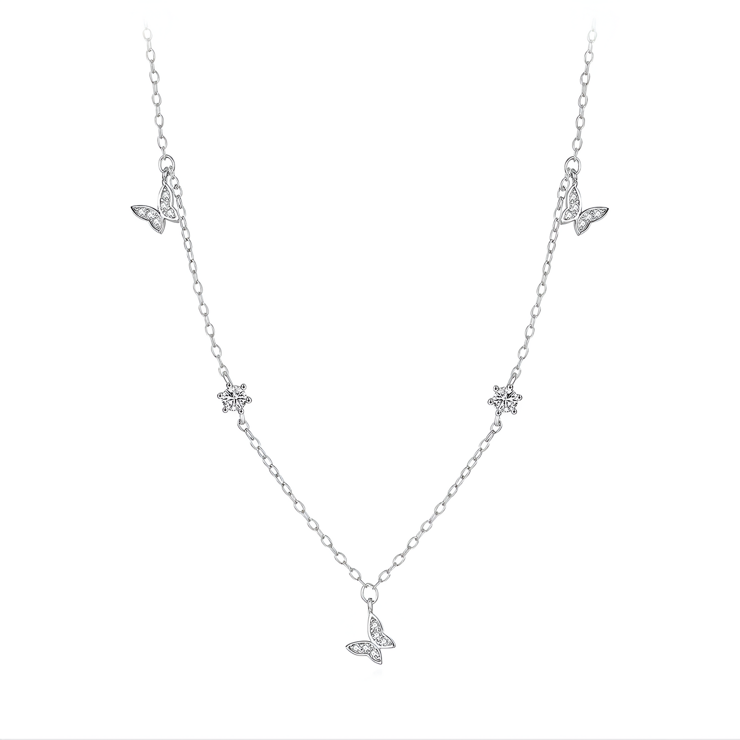 Collier fantaisie papillons éclatants en argent sterling 925 avec zircon sur fond blanc