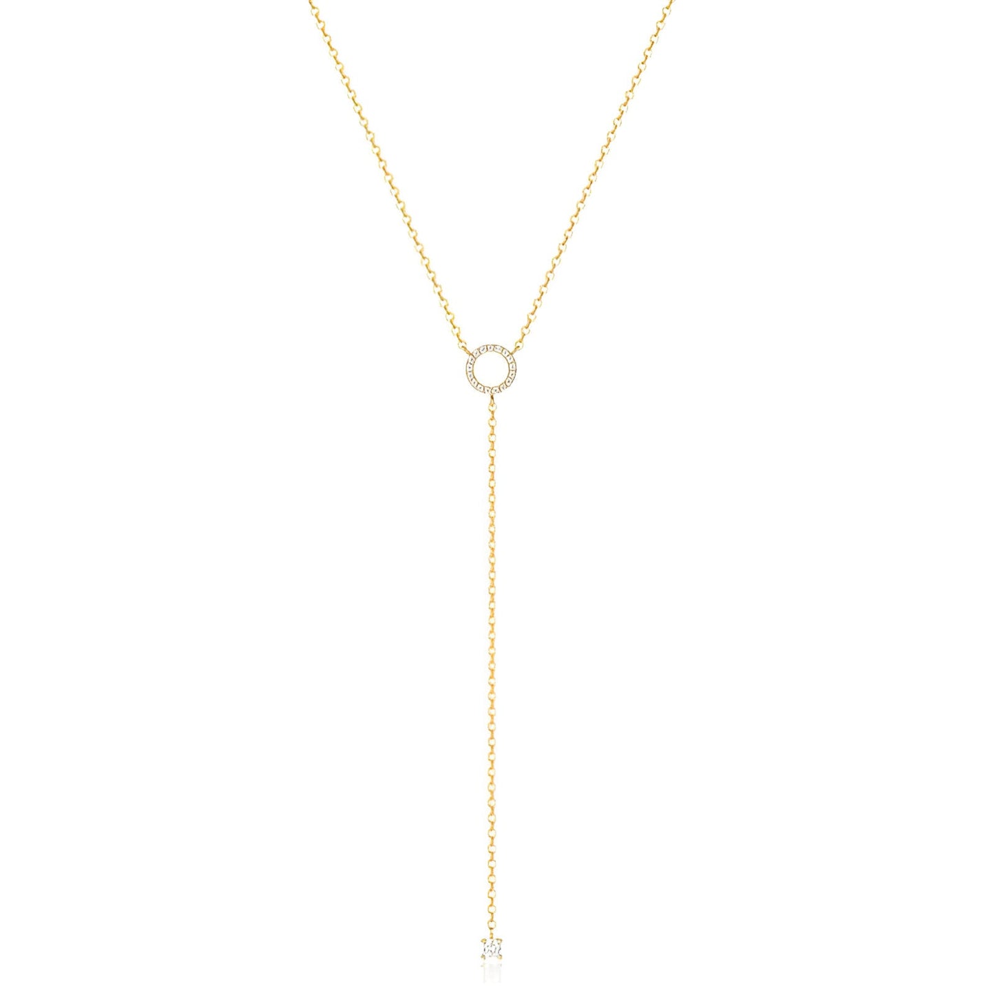 Collier lariat Miravelle en argent 925 plaqué or jaune et diamants sur fond blanc.