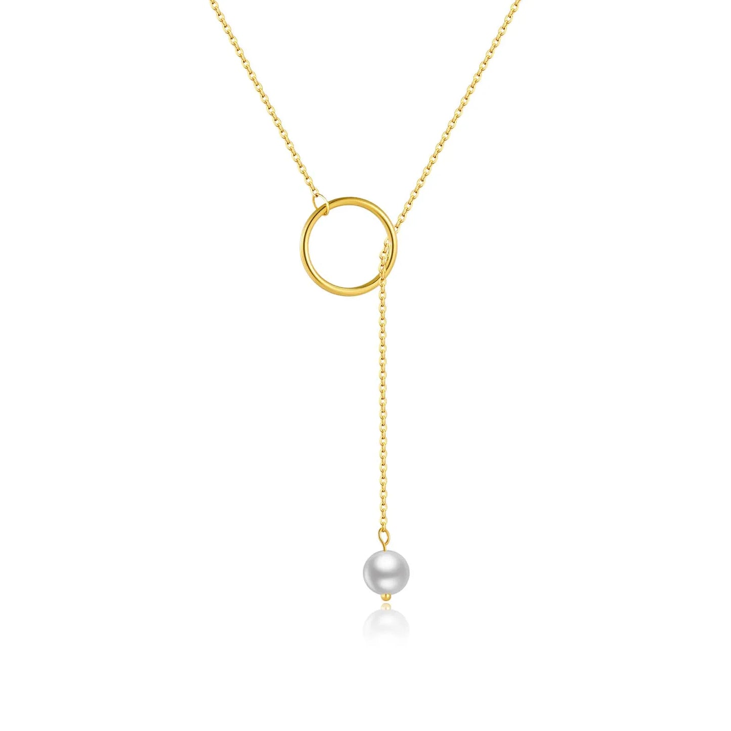 Collier lariat perle naturelle pendante nacrée Ashley en argent 925 plaqué or jaune sur fond blanc.