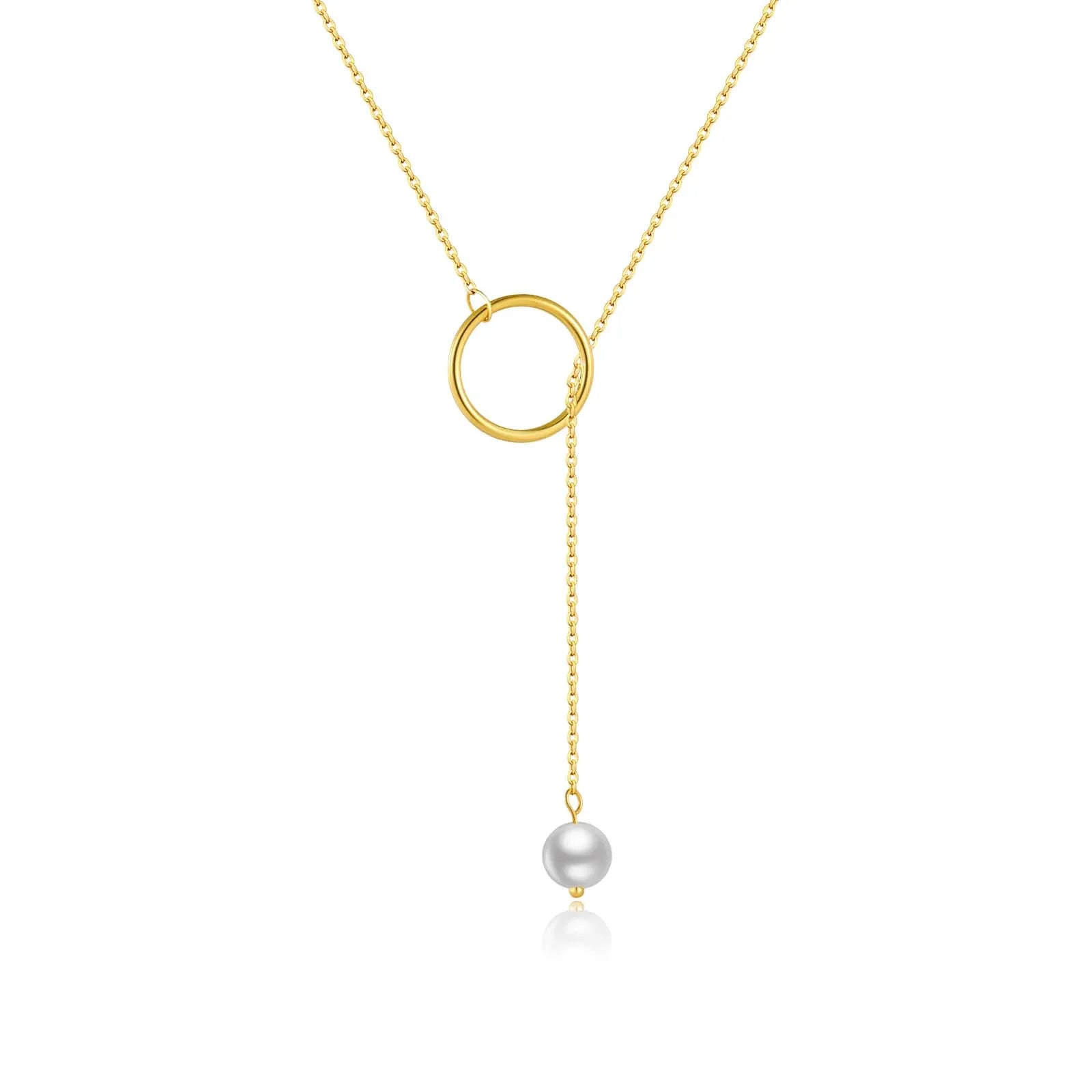 Collier lariat perle naturelle pendante nacrée Ashley en argent 925 plaqué or jaune sur fond blanc.