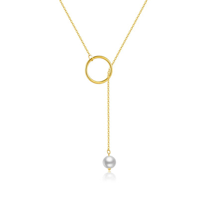 Collier lariat perle naturelle pendante nacrée Ashley en argent 925 plaqué or jaune sur fond blanc.