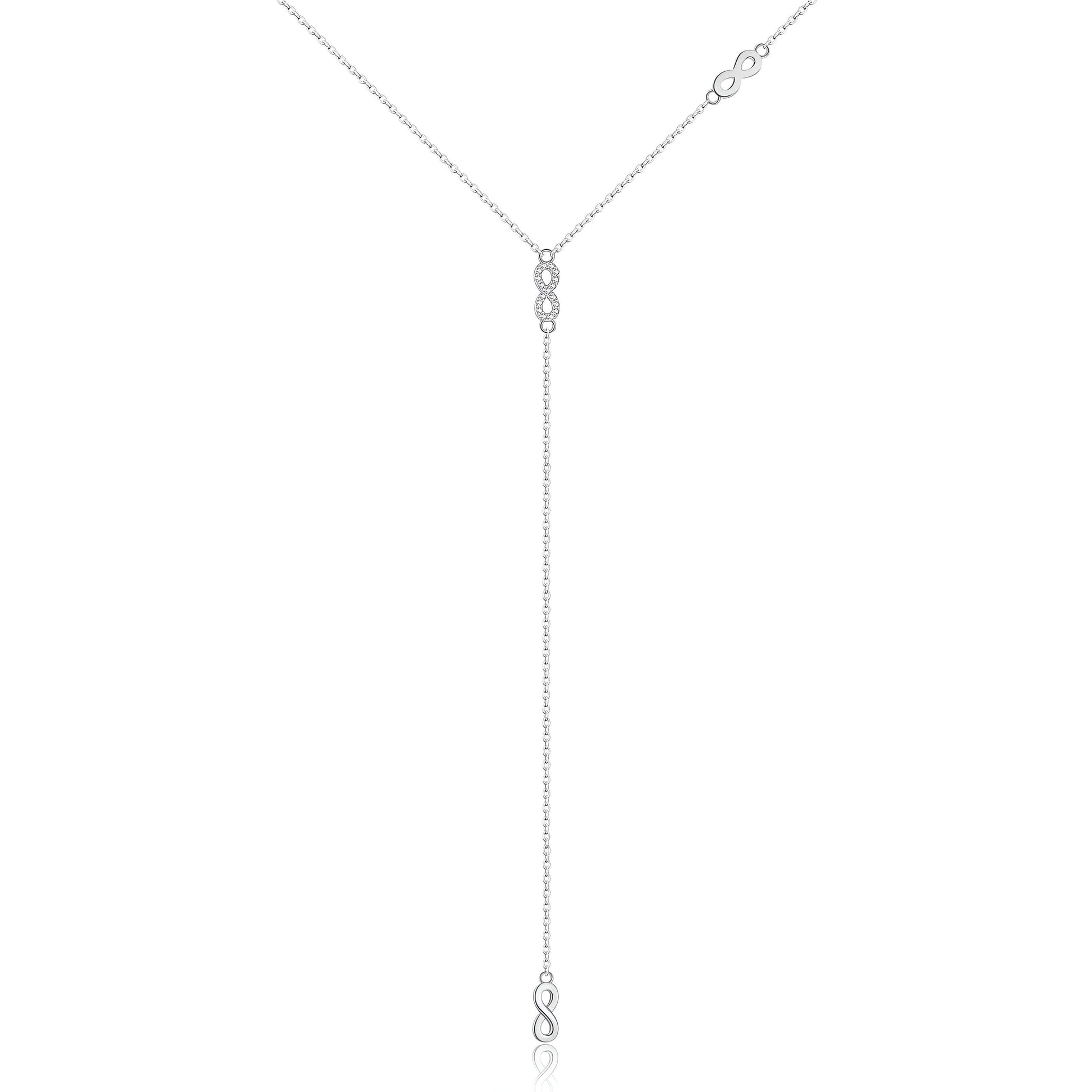 Collier long motif infini albert en argent 925 plaqué or blanc et diamants sur fond blanc.