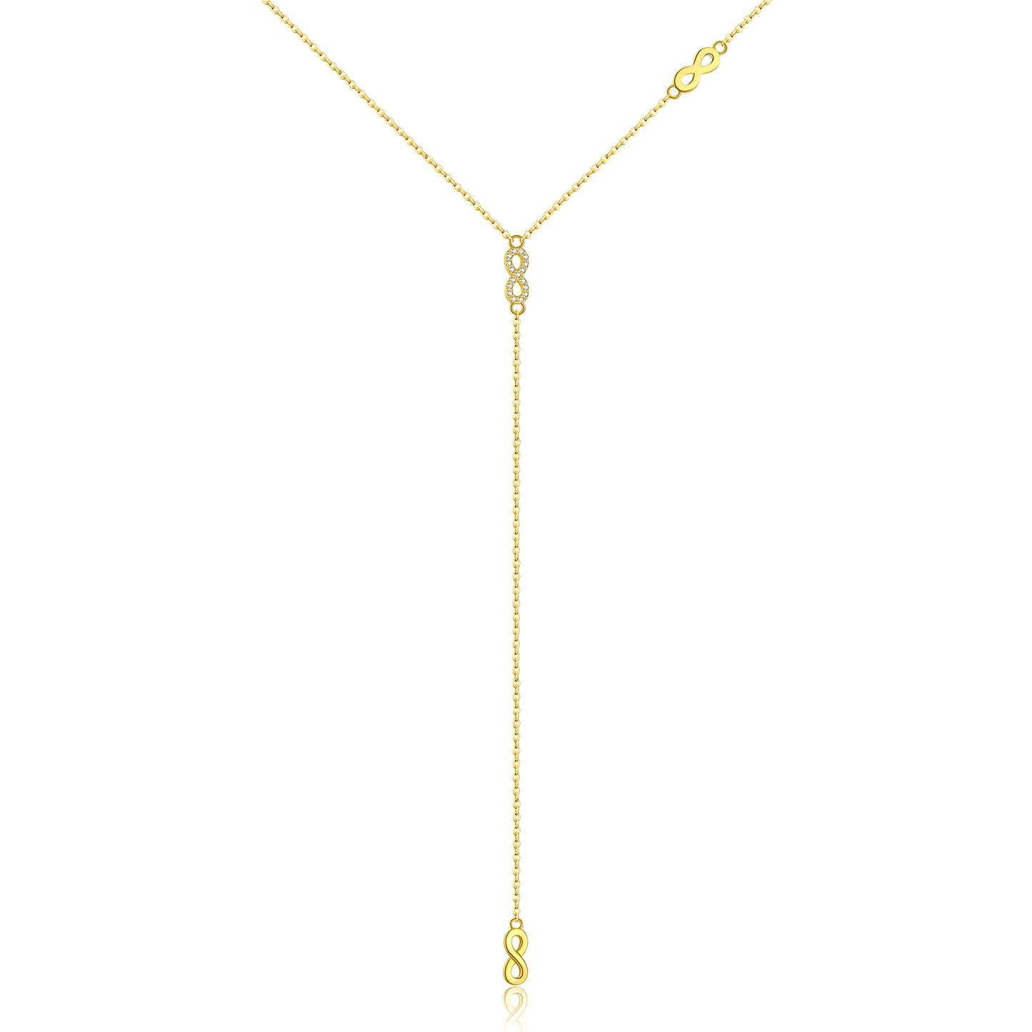 Collier long motif infini albert en argent 925 plaqué or jaune et diamants sur fond blanc.