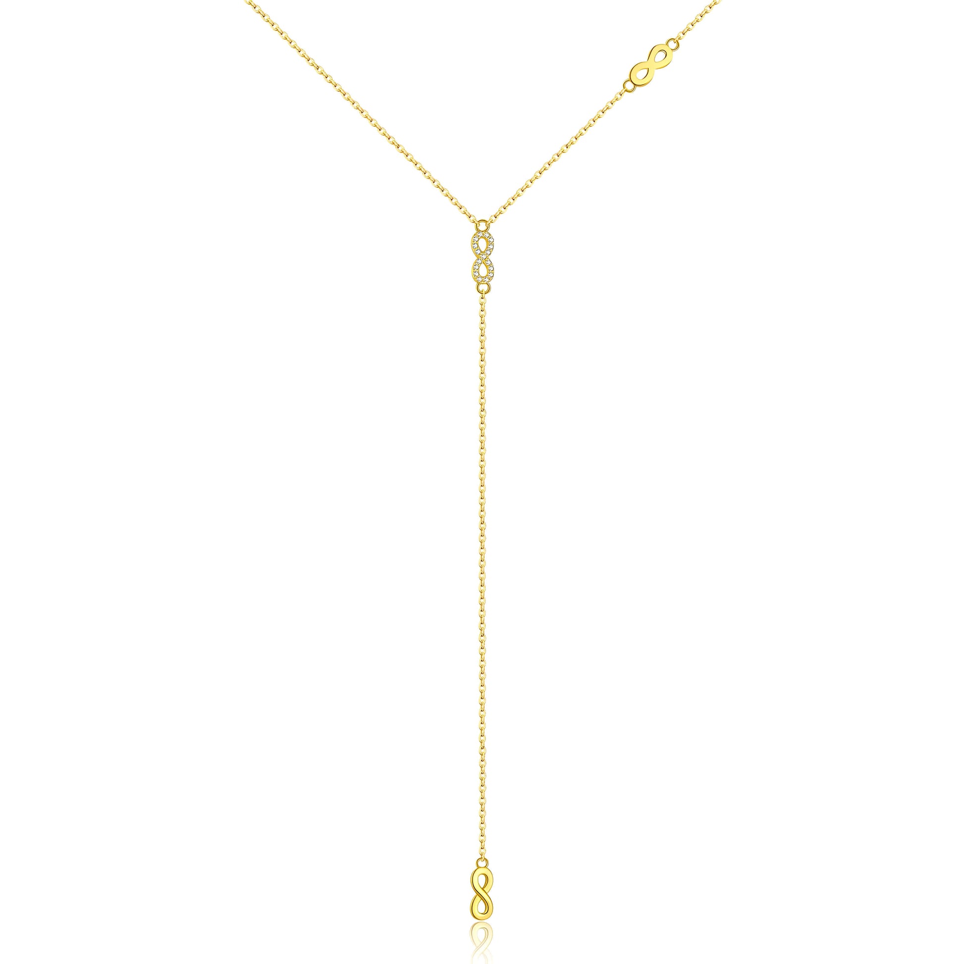 Collier long motif infini albert en argent 925 plaqué or jaune et diamants sur fond blanc.