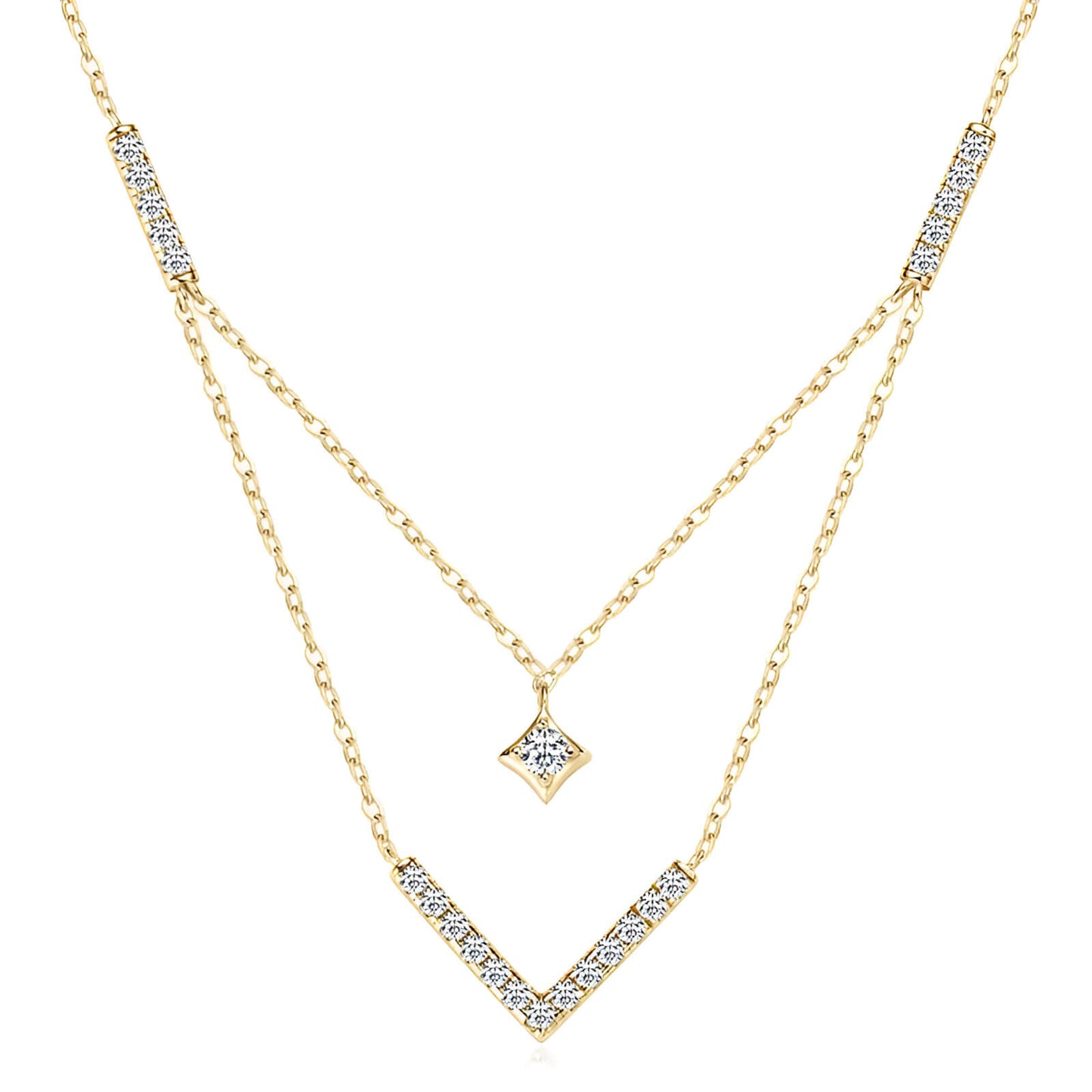 Collier multi-chaînes pendentif V en argent 925 plaqué or jaune et diamants sur fond blanc.