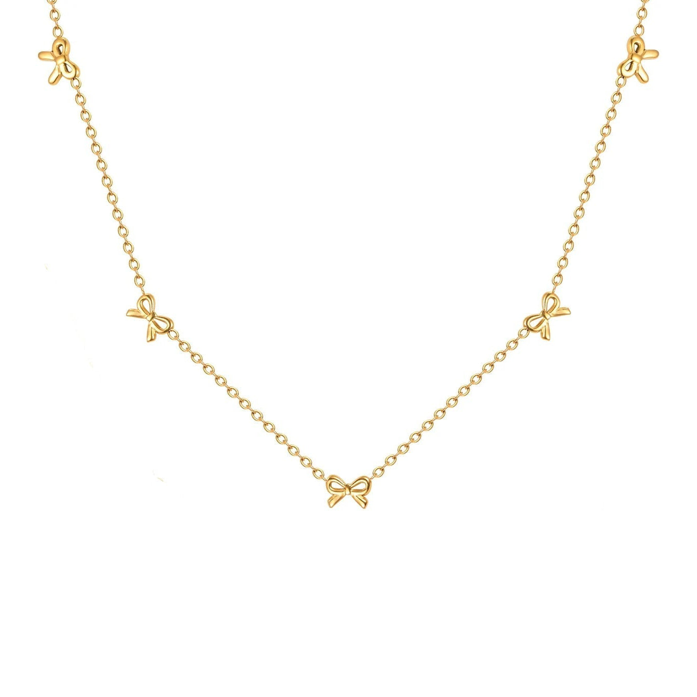 Collier nœud papillon en acier inoxydable plaqué or jaune variante incrusté sur fond blanc.