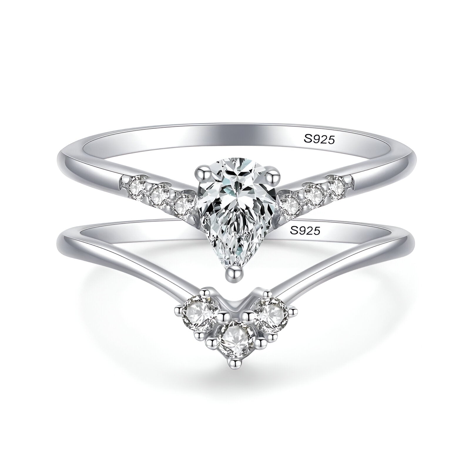 Double bague de fiançailles empilade Laurie en argent 925 rhodié et diamants sur fond blanc.