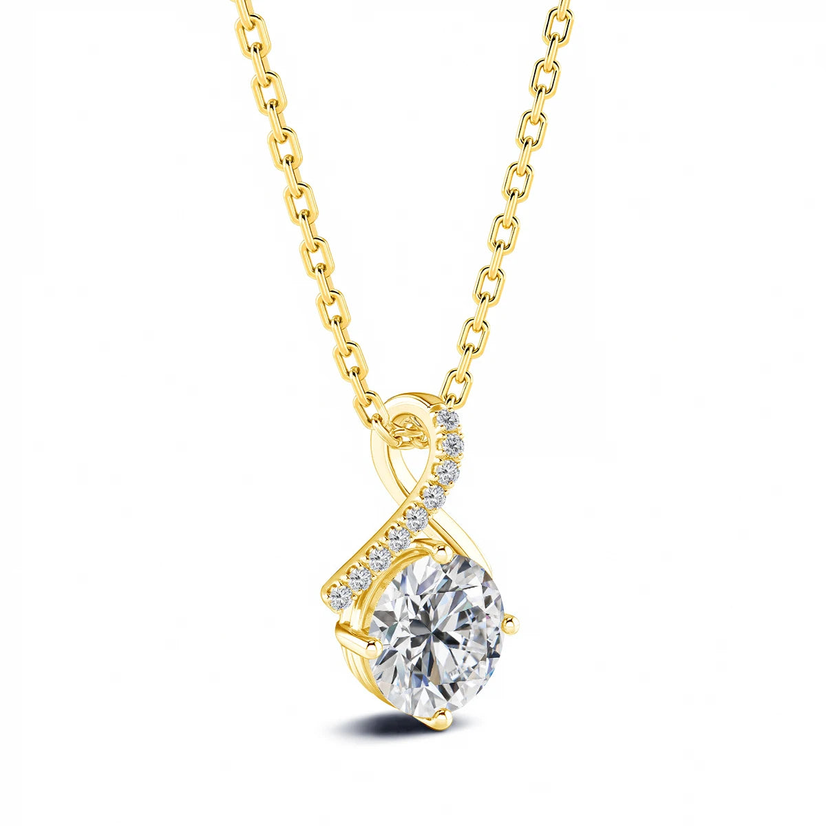 Pendentif courbé serti de pierres Cléor en or jaune 14K et diamant rond 1CT brillant vue de côté.
