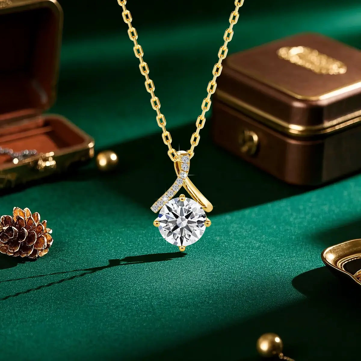 Pendentif courbé serti de pierres Cléor en or jaune 14K flamboyant et diamant rond 1CT vue de face.