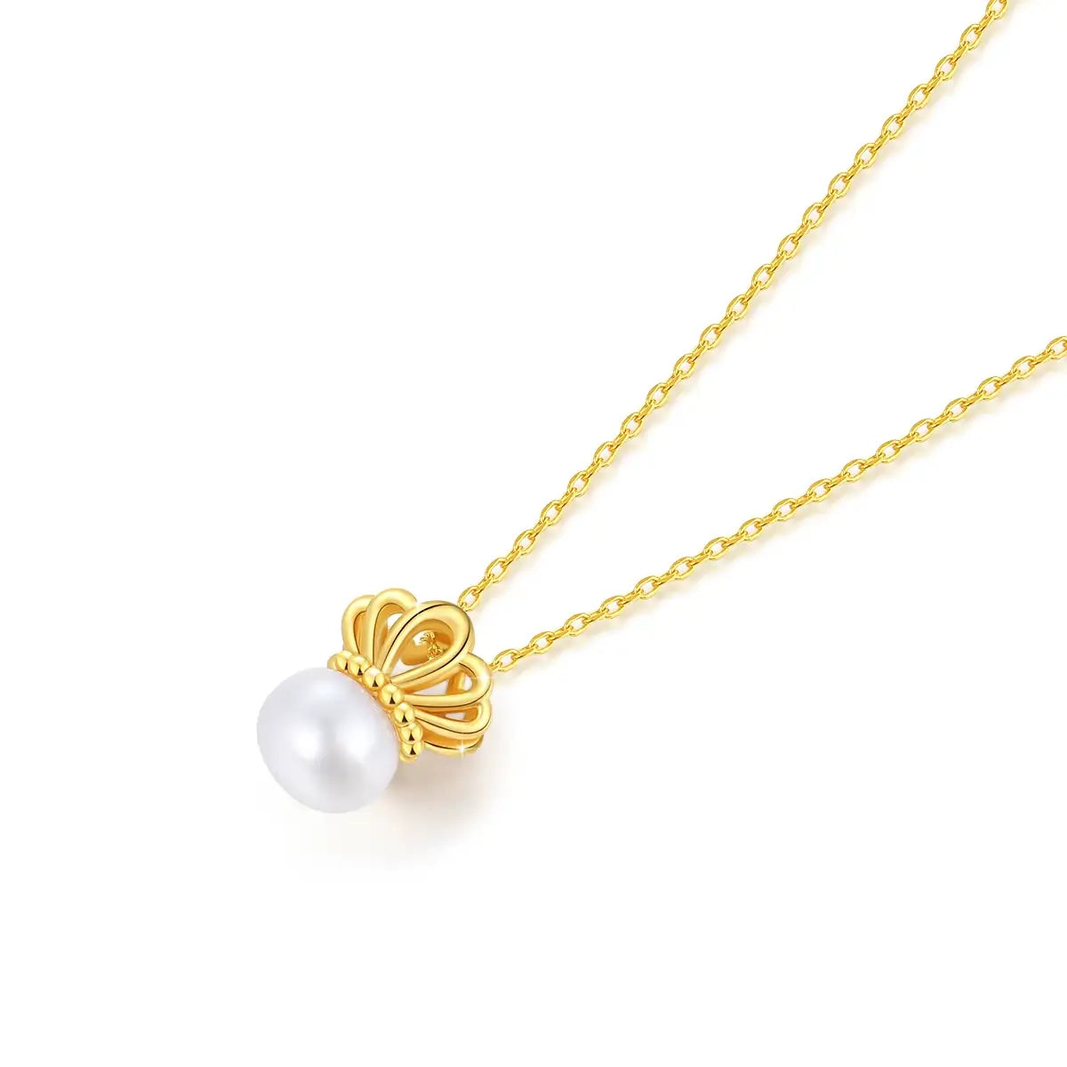 Pendentif couronne de la reine Elisabeth en or jaune 18K éclatant et perle ovale à plat.
