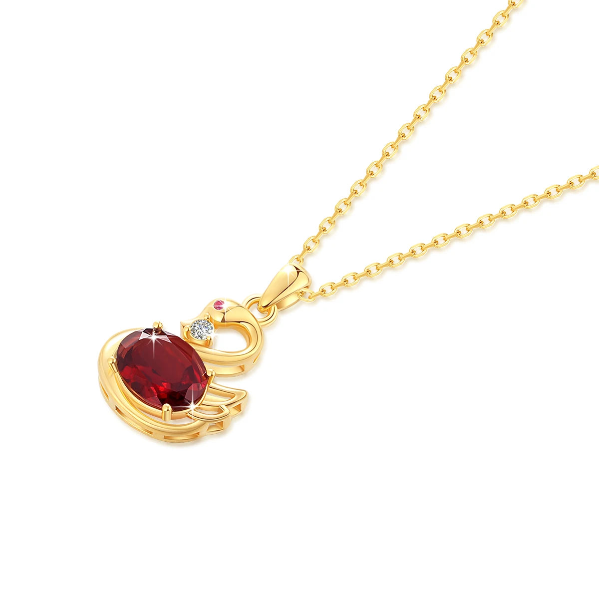 Pendentif cygne grenat romantique en or jaune 18K serti d'un diamant et d'un rubis rayonnant à plat.