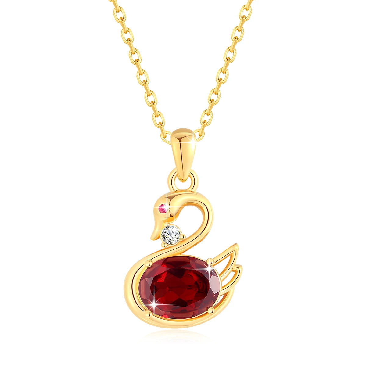 Pendentif cygne grenat romantique en or jaune 18K serti d'un diamant et d'un rubis sur fond blanc.