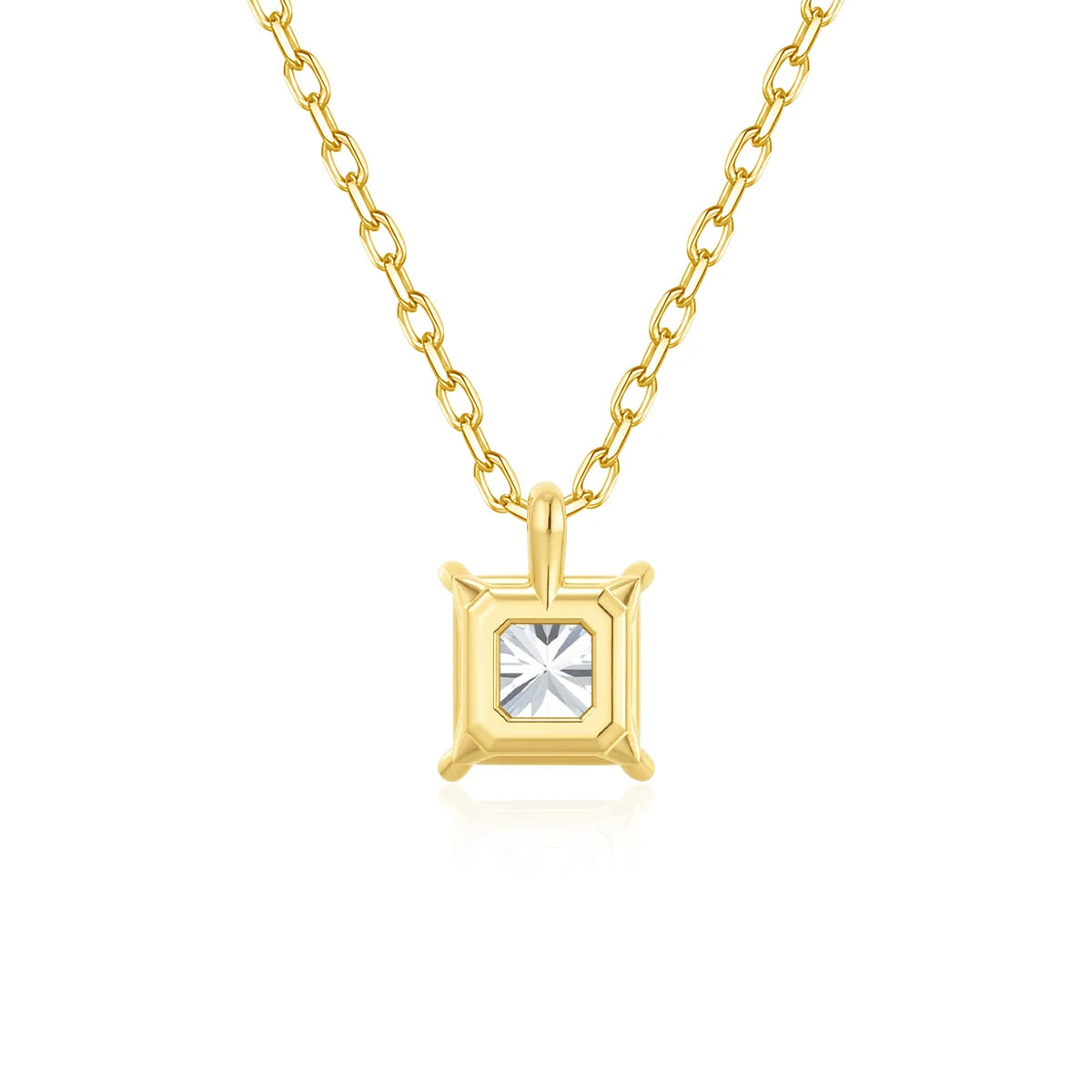 Pendentif diamant solitaire 2ct taille princesse serti griffes Anyta en or jaune 14K rayonnant vue de dos.