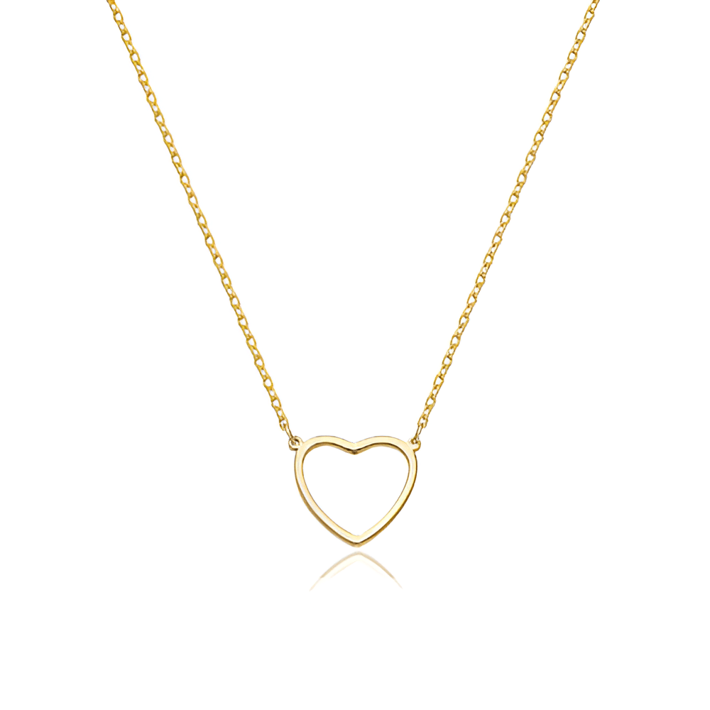 Collier pendentif fantaisie cœur en acier inoxydable plaqué or jaune sur fond blanc.