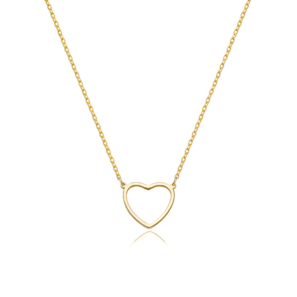 Collier pendentif fantaisie cœur en acier inoxydable plaqué or jaune sur fond blanc.