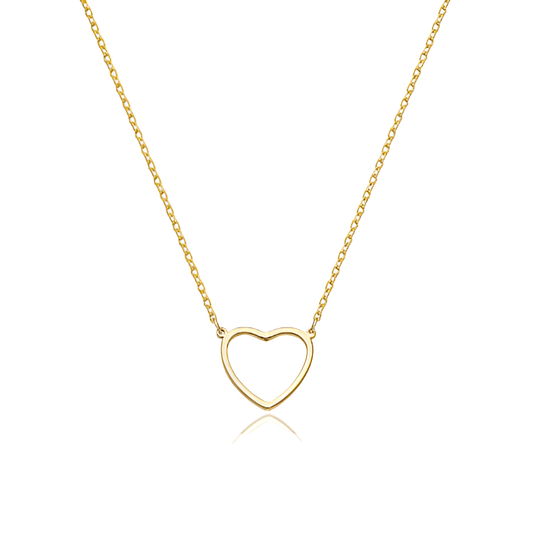 Collier pendentif fantaisie cœur en acier inoxydable plaqué or jaune sur fond blanc.