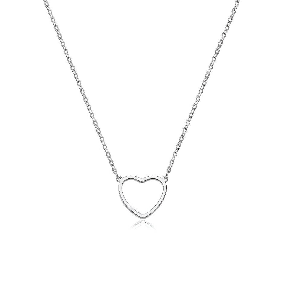 Collier pendentif fantaisie cœur en acier platiné plaqué or blanc sur fond blanc.