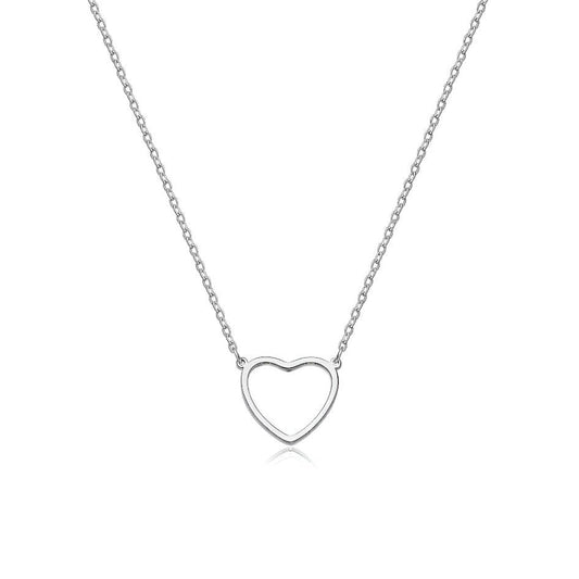 Collier pendentif fantaisie cœur en acier platiné plaqué or blanc sur fond blanc.