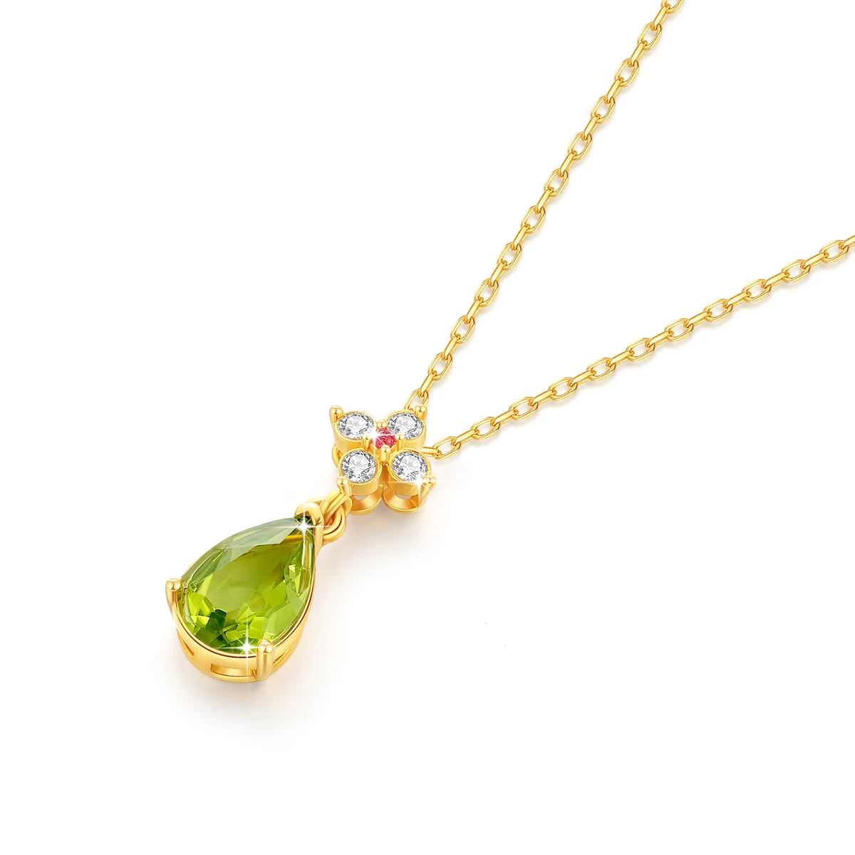 Pendentif goutte péridot Alexia en or jaune 18K rayonnant orné d'un rubis et de diamants à plat.