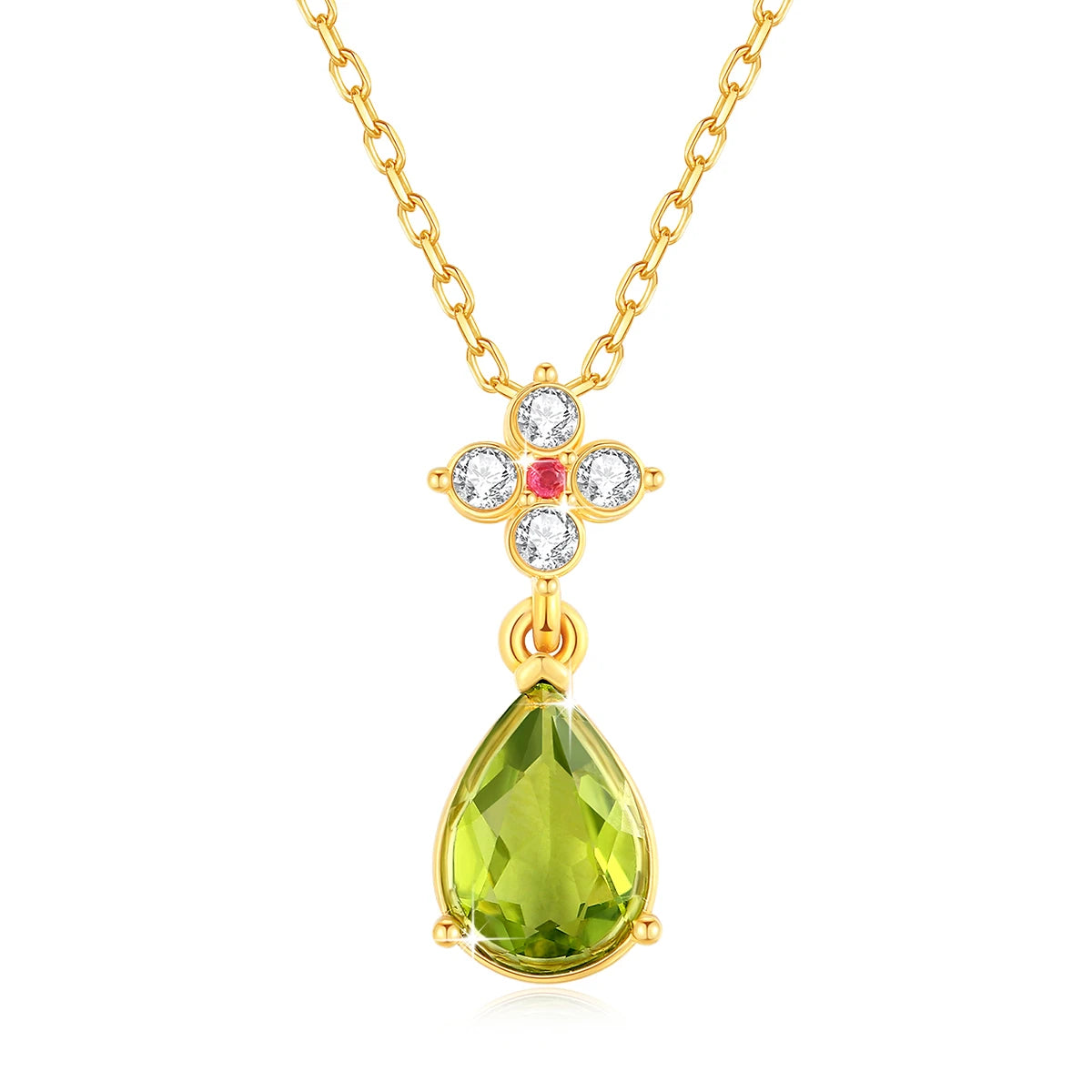 Pendentif goutte péridot Alexia en or jaune 18K orné d'un rubis et de diamants sur fond blanc.