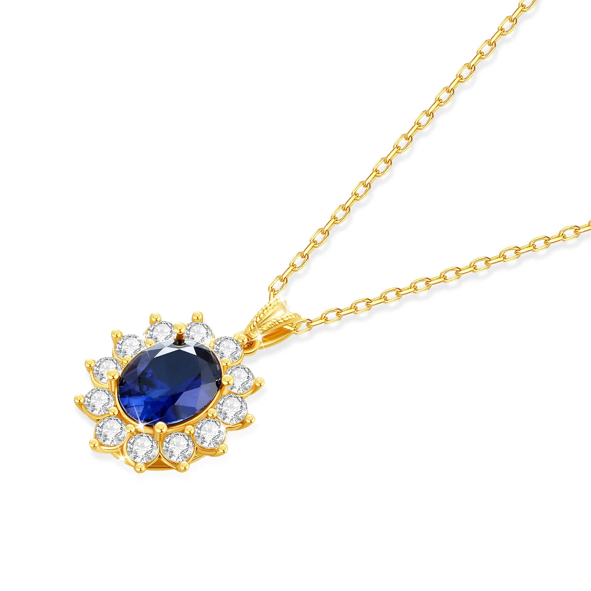 Pendentif halo saphir ovale en or jaune 18K et diamants ronds scintillants à plat.