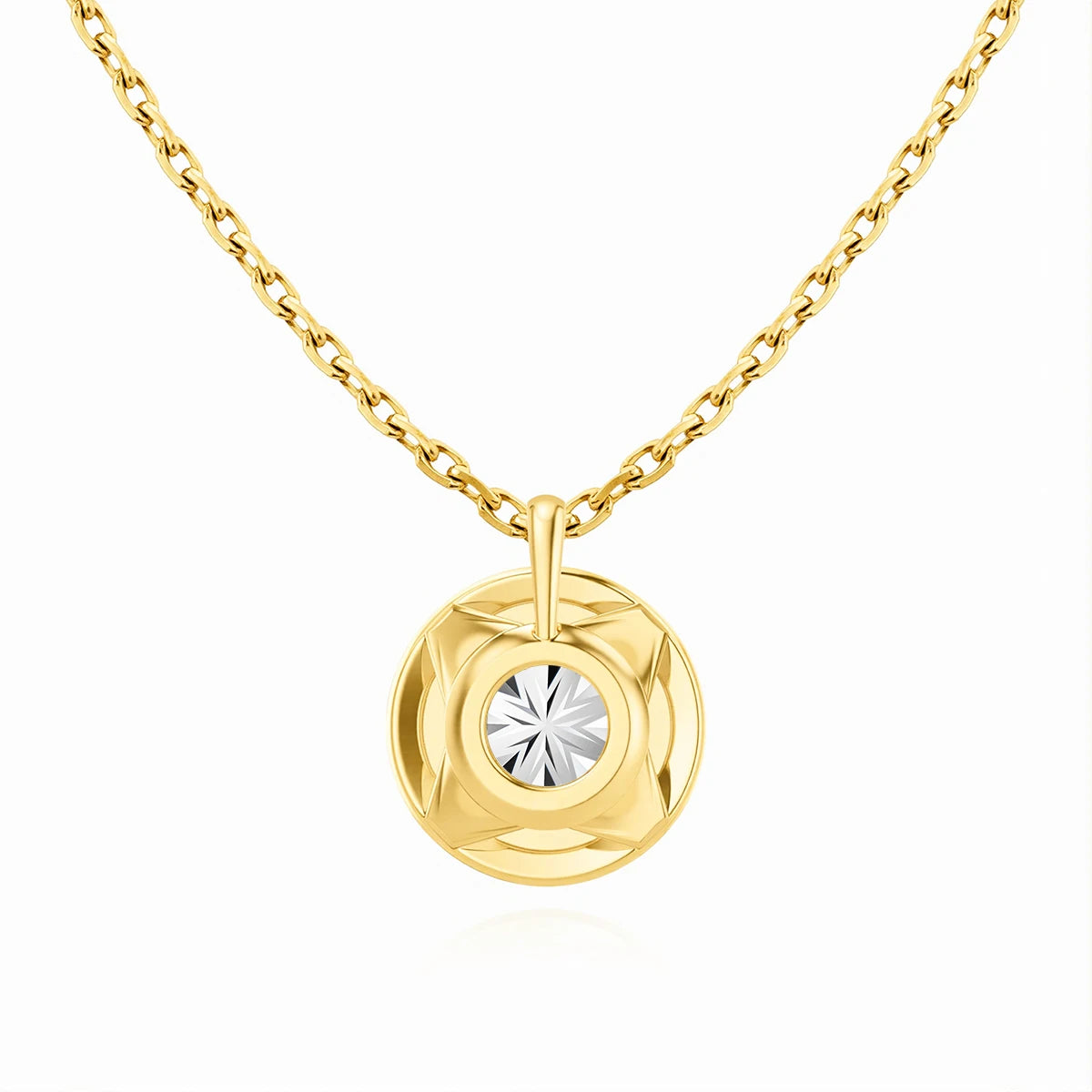 Pendentif médaillon rond Volter en or jaune 14K rayonnant orné de diamants sertis quatre griffes vue de dos.