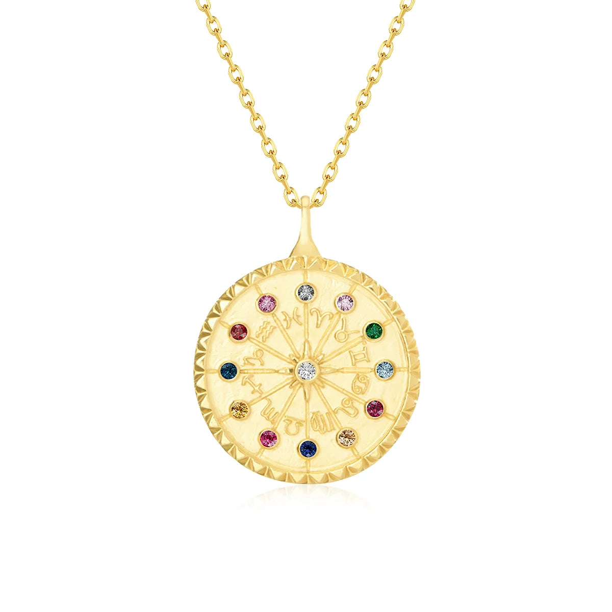 Pendentif roue de fortune Lucky en or jaune 14K et diamants multicolores sur fond blanc.