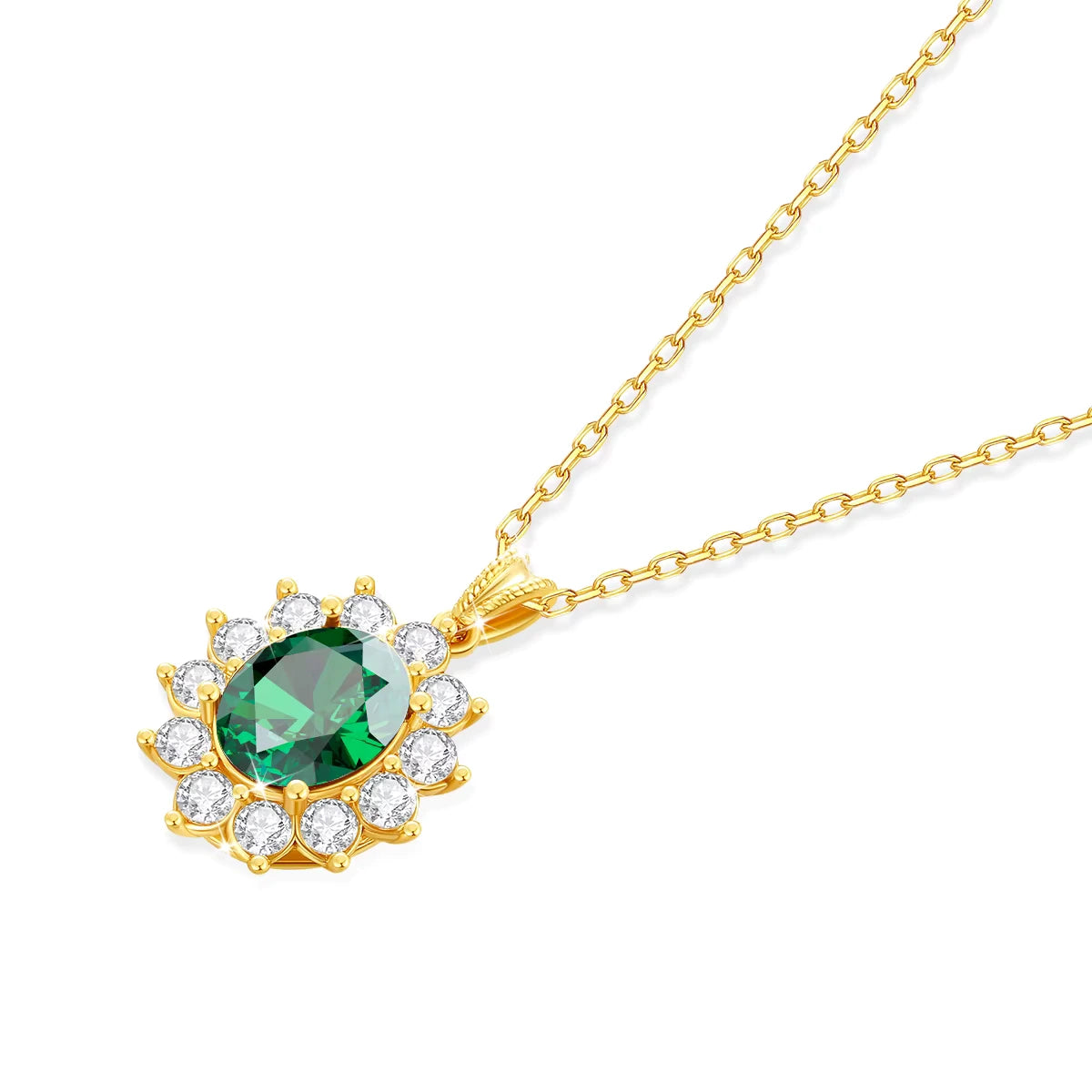 Pendentif solaire émeraude ovale Xanthin en or jaune 18K et diamants étincelants vue de côté.