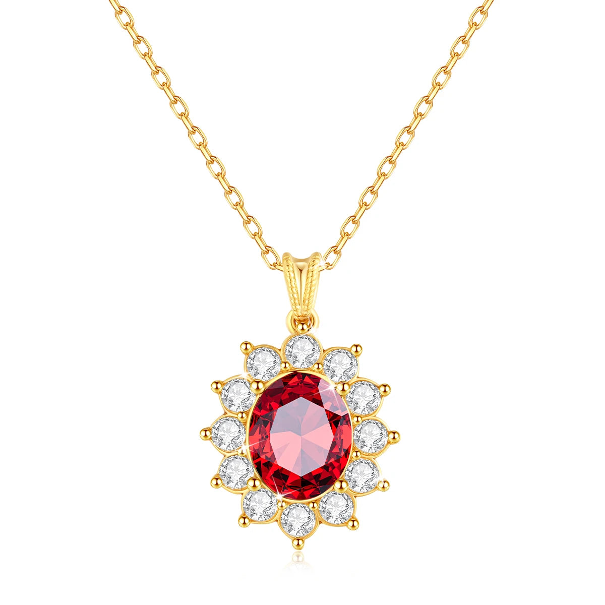 Pendentif solaire en or jaune orné d'un rubis et de diamants synthétiques sur fond blanc.