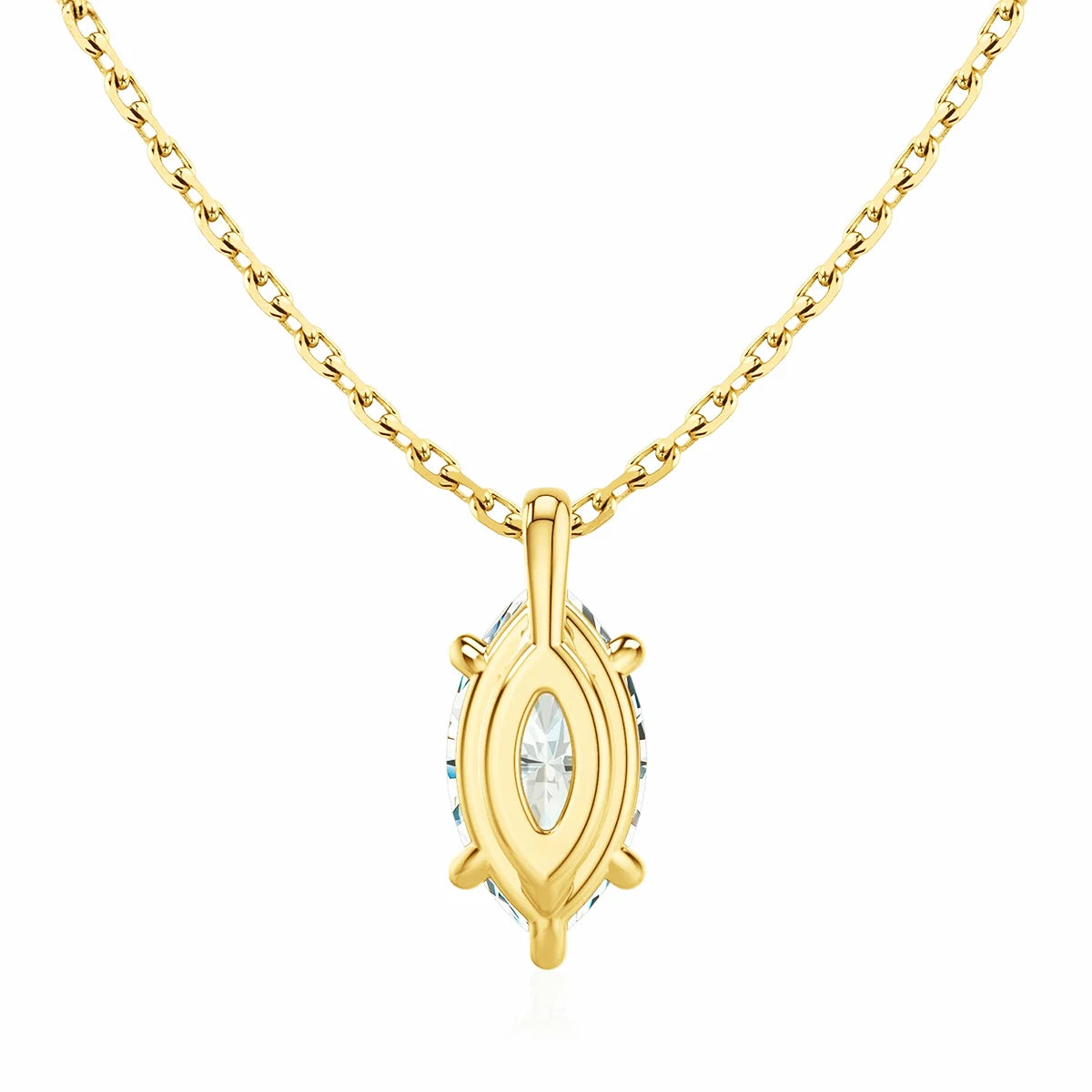 Pendentif solitaire diamant marquis serti six griffes Yrelia en or jaune 14K lumineux vue de dos.