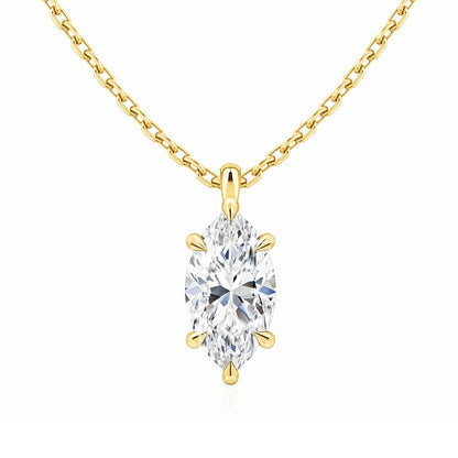 Pendentif solitaire diamant marquis serti six griffes Yrelia en or jaune 14K sur fond blanc.
