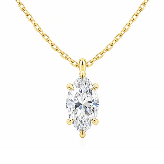 Pendentif solitaire diamant marquis serti six griffes Yrelia en or jaune 14K sur fond blanc.