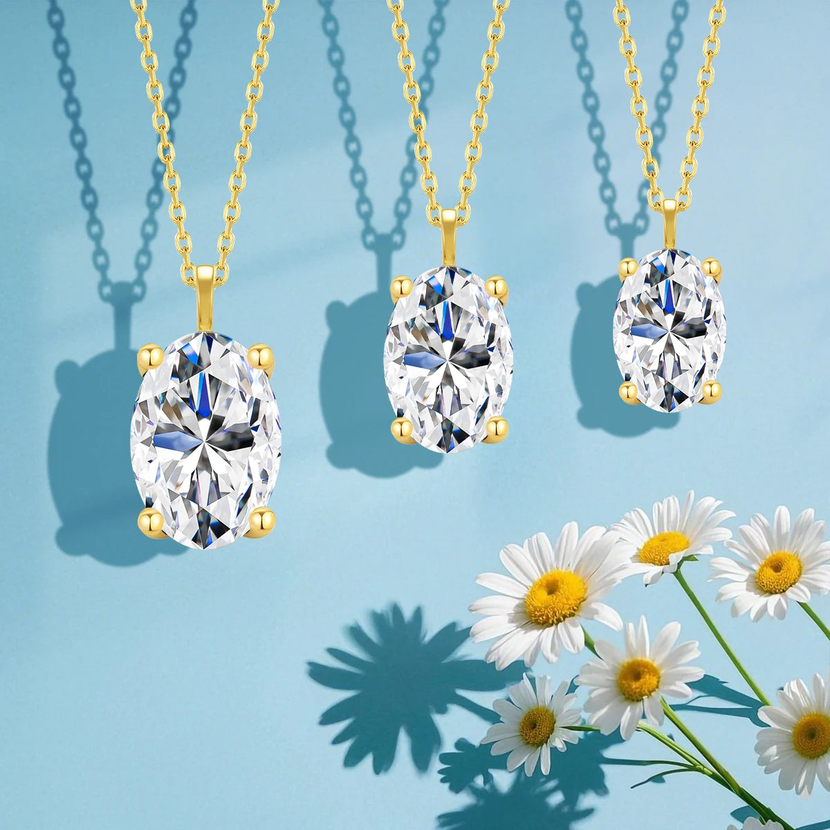 Variantes 1CT, 2CT et 3CT du collier pendentif solitaire diamant ovale serti quatre griffes Maelys en or jaune 14K vue de face.