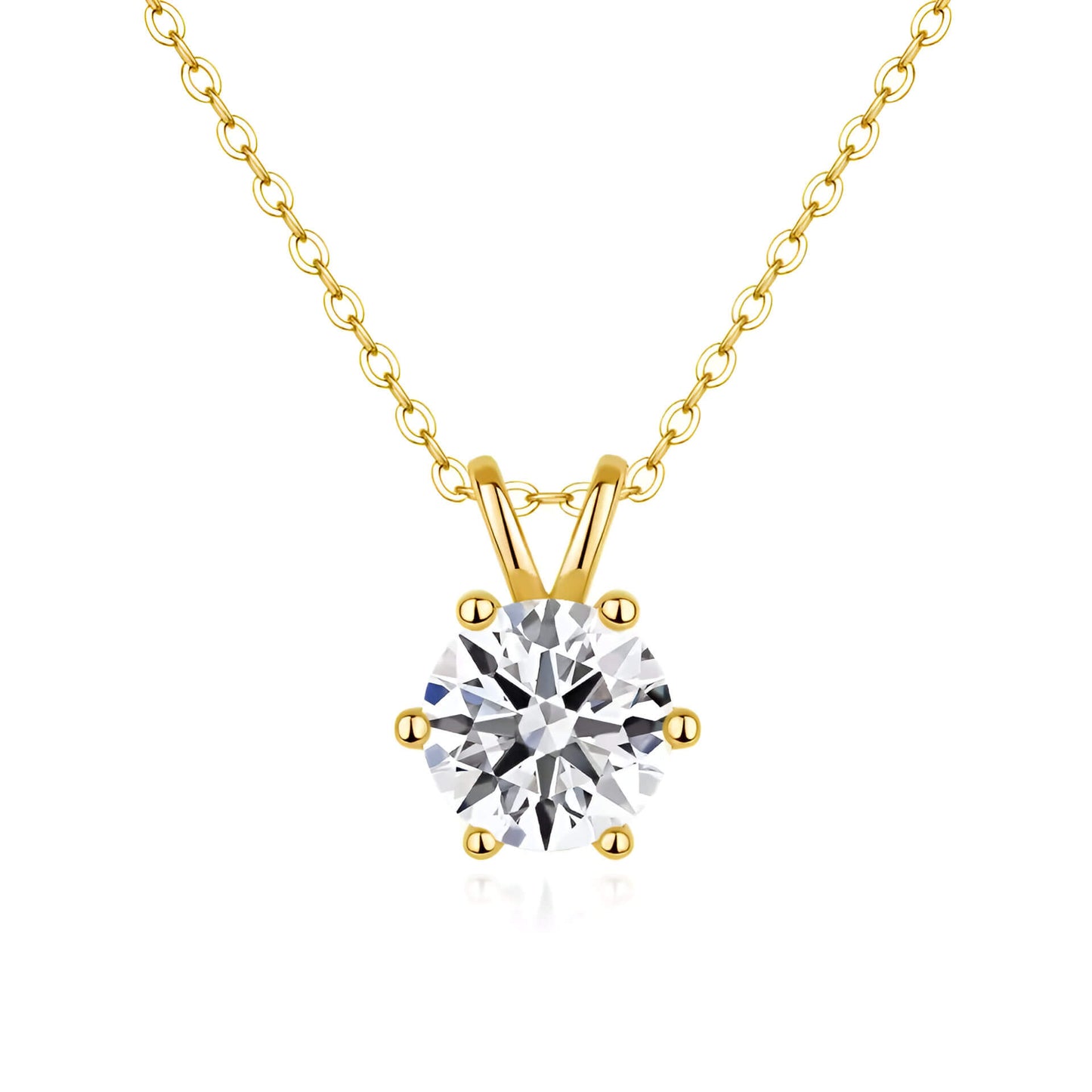 Pendentif solitaire diamant rond serti six griffes Sylaë en or jaune 14K sur fond blanc.