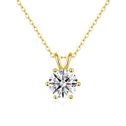 Pendentif solitaire diamant rond serti six griffes Sylaë en or jaune 14K sur fond blanc.