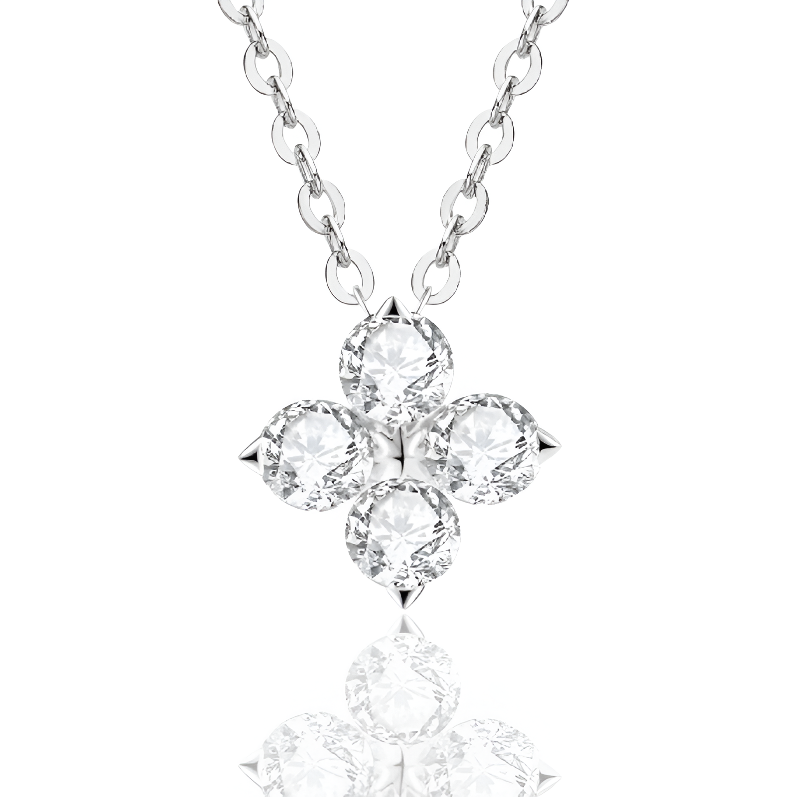 Pendentif solitaire en or blanc et diamants synthétiques sur fond blanc.