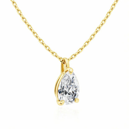 Pendentif solitaire goutte en or jaune et diamant synthétique vue de côté.