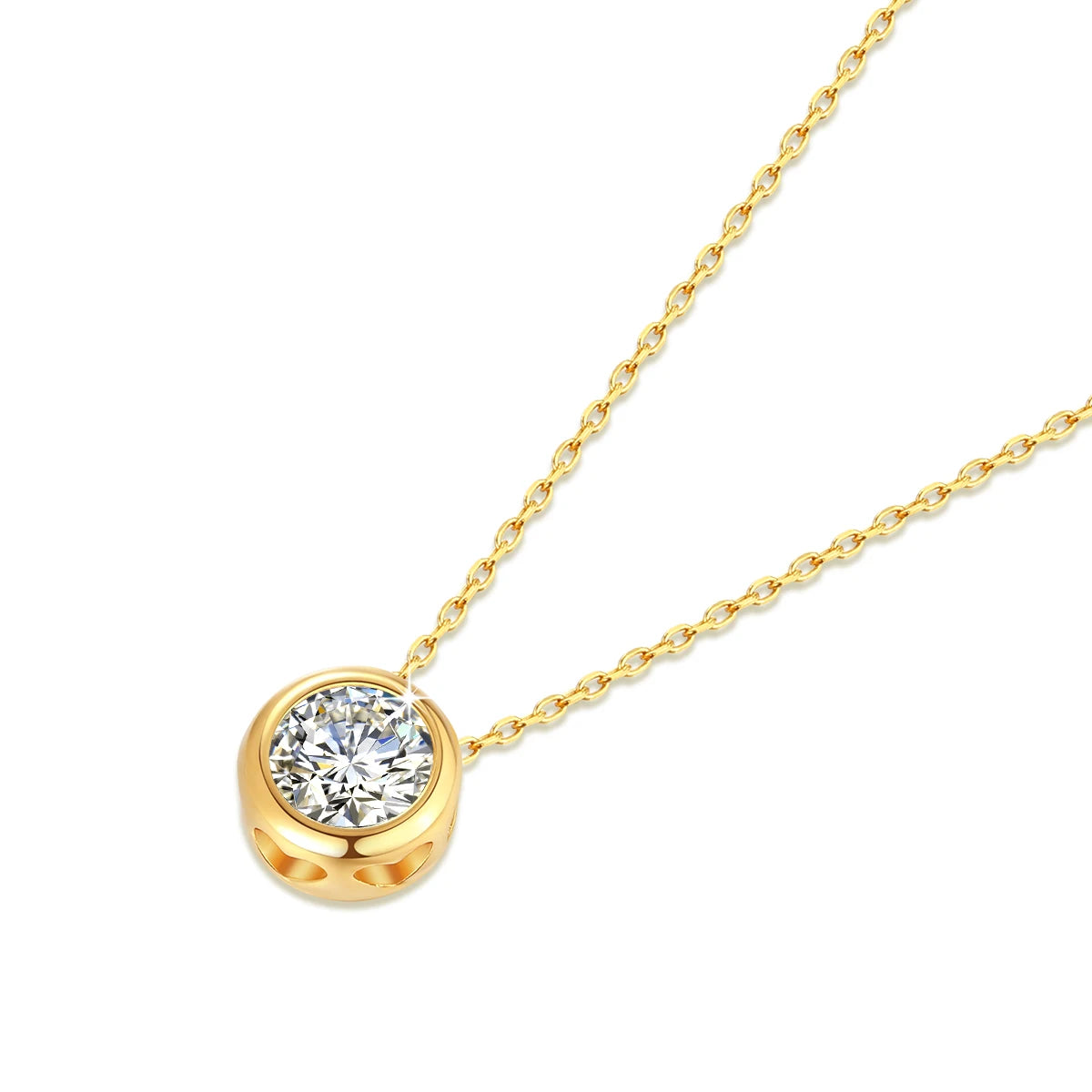Pendentif solitaire Naélie en or jaune 18K lumineux et diamant rond à plat.