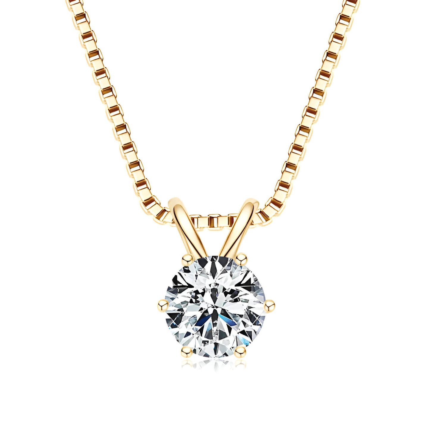 Collier pendentif solitaire en or jaune et diamant synthétique sur fond blanc.
