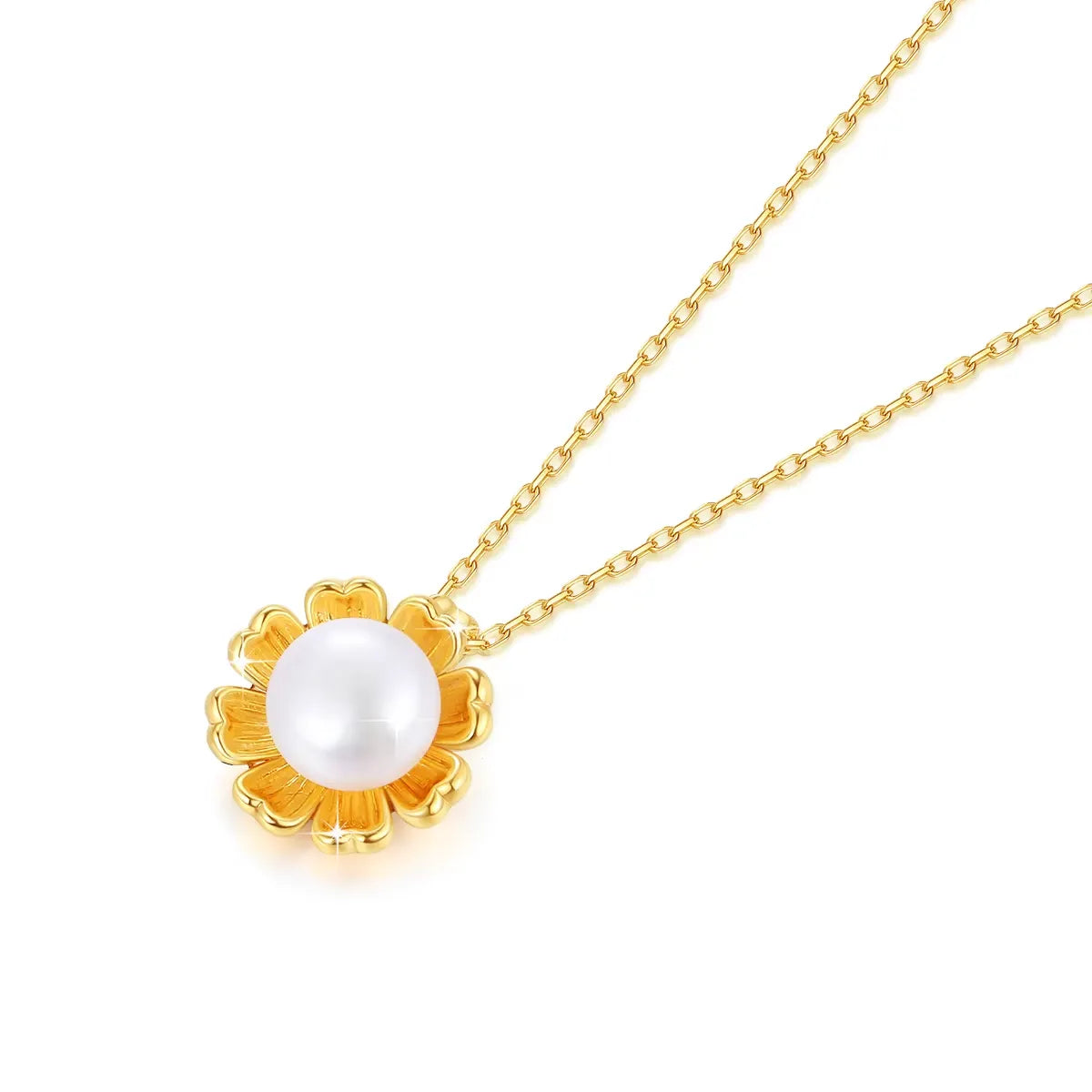 Pendentif fleur de tournesol en or jaune et perle nacrée à plat.