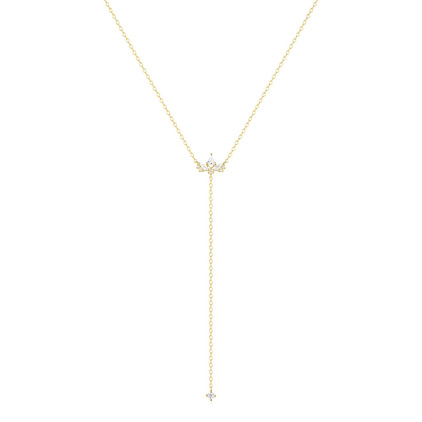Sautoir fleur de lys Evenis en argent 925 plaqué or jaune et diamants sur fond blanc.