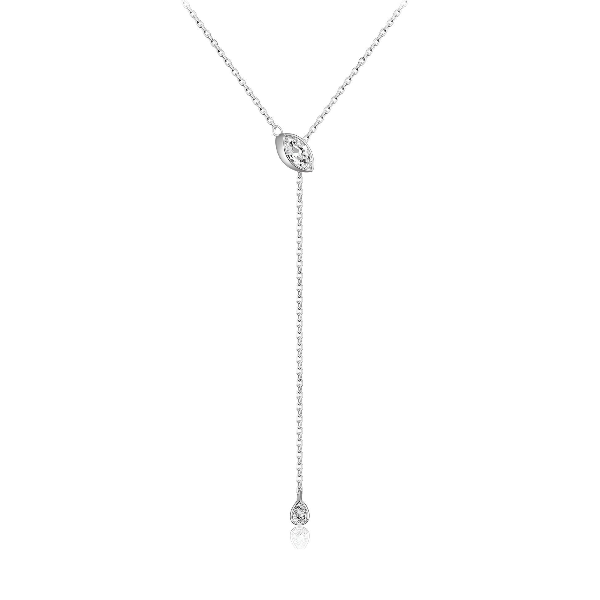 Sautoir pierre amovible élorie en argent 925 plaqué or blanc et diamants sur fond blanc.