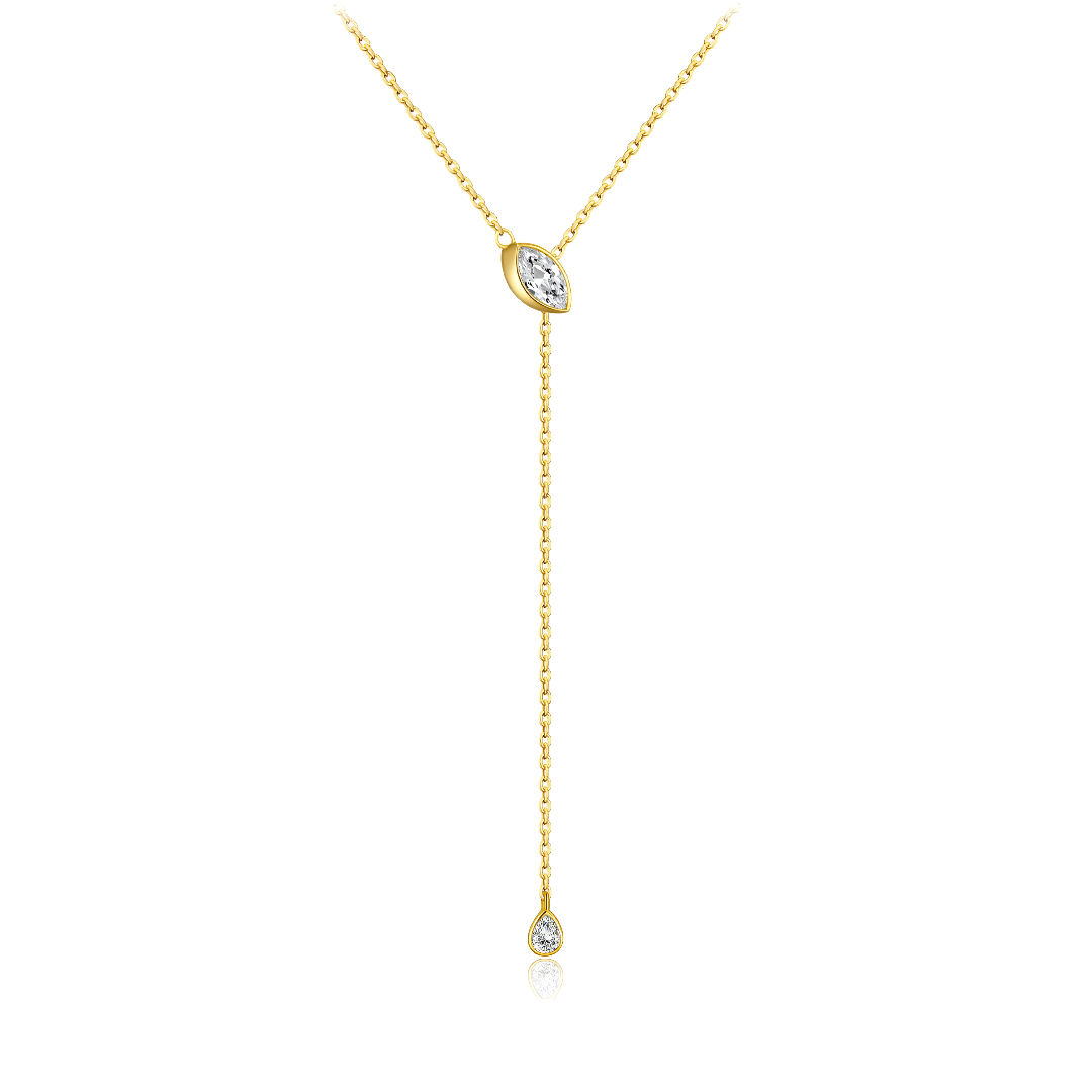 Collier sautoir pierre amovible élorie en argent 925 plaqué or jaune et diamants sur fond blanc.