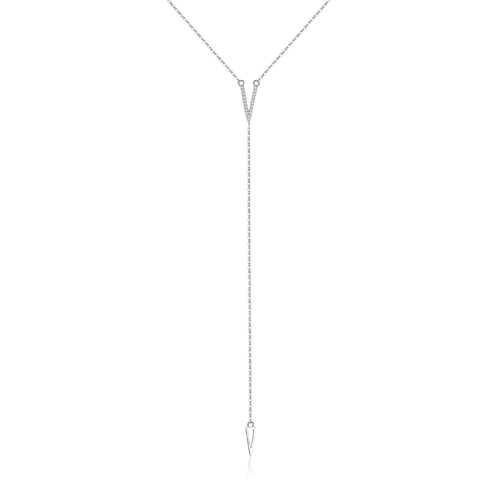 Sautoir V pendentif triangle en argent  925 plaqué or blanc et diamants sur fond blanc.